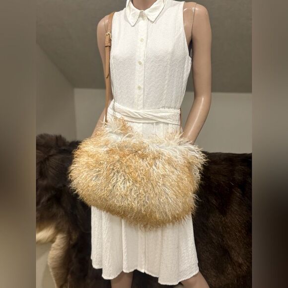 2 Tone Real Mongolian Lamb Fur Handmade Shoulder Bag, Real Shearling Crossbody - Picture 6 of 16